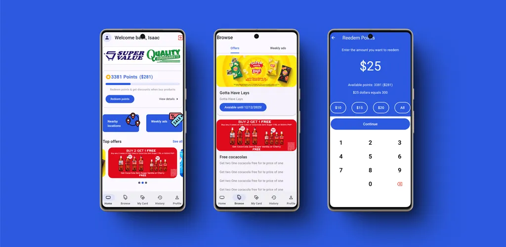 Upfront Shopper mobile app mockup showing loyalty rewards, points, and store promotions
