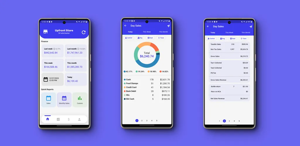 UpfrontPOS Cloud mobile app mockup showing sales dashboard and day sales reports